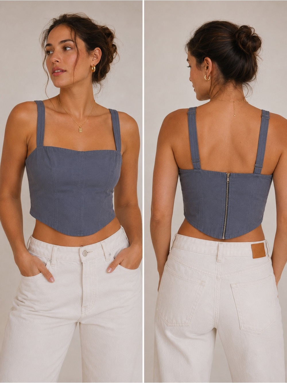 Free People Blue Gray Corset Cami Top | Zip Back Structured Crop | S-M